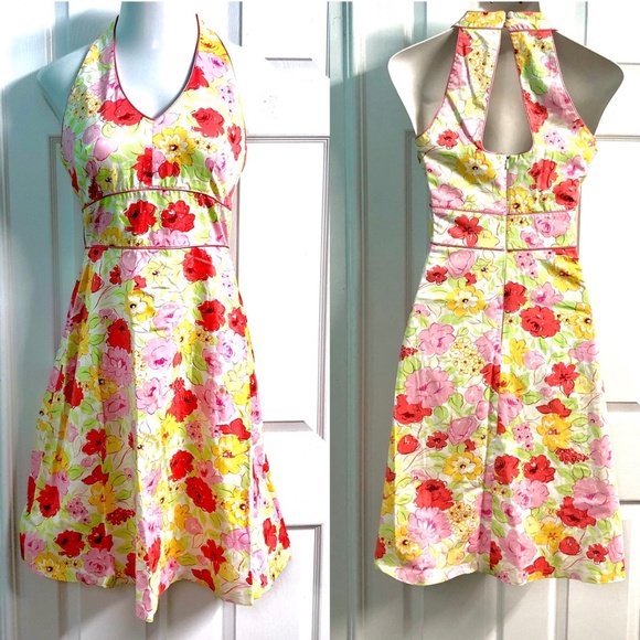 Y2K Spring/Summer Bright Floral Print Halter Fit & Flare SunDress~Resort Vaca~6 - Picture 1 of 10